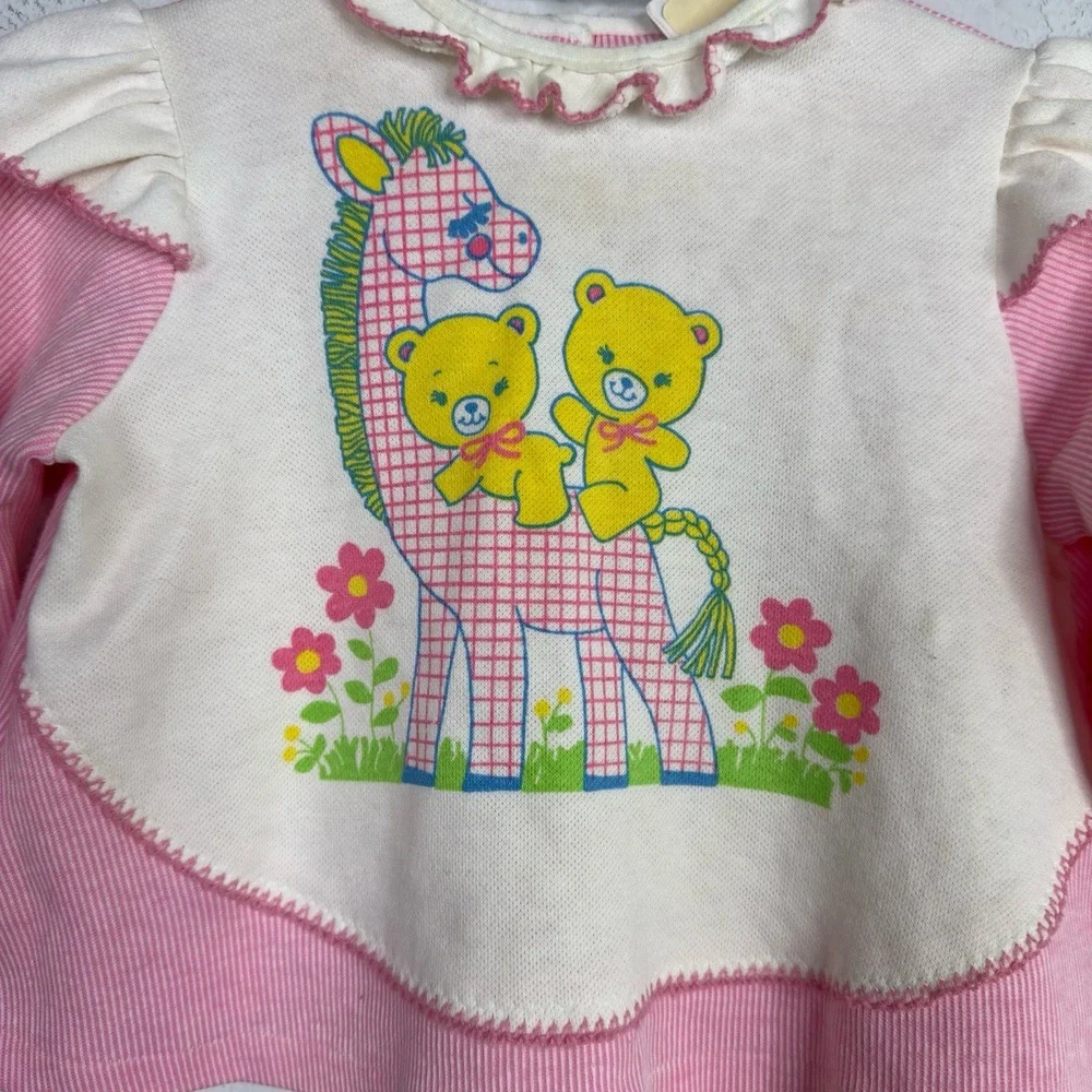 Carters Sweater Girls 18M Pink White VTG 80s Long Sleeve Ruffle Collar‎ Animal